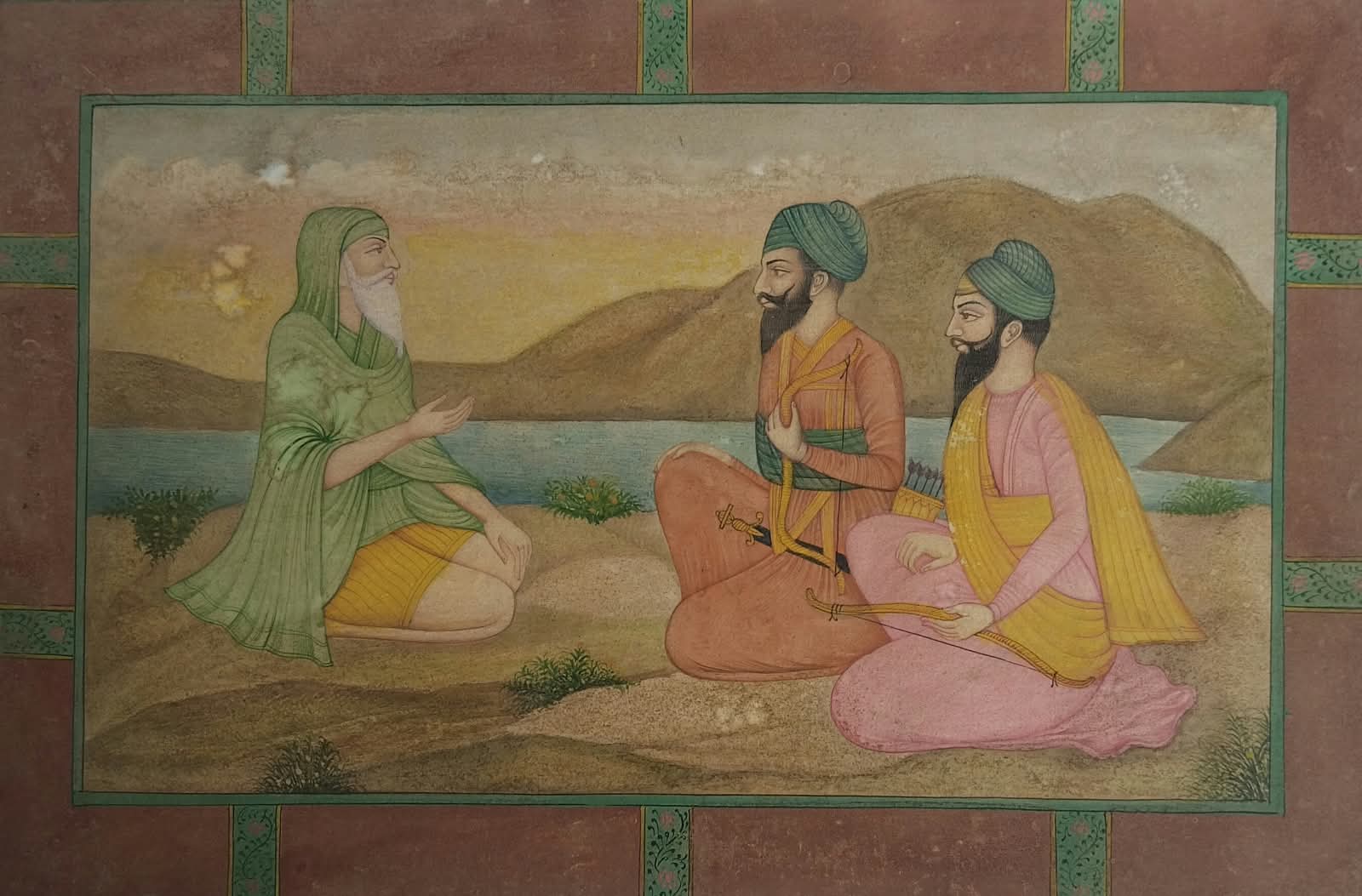 Miniature mughal painting depicting traditional outdoor teaching